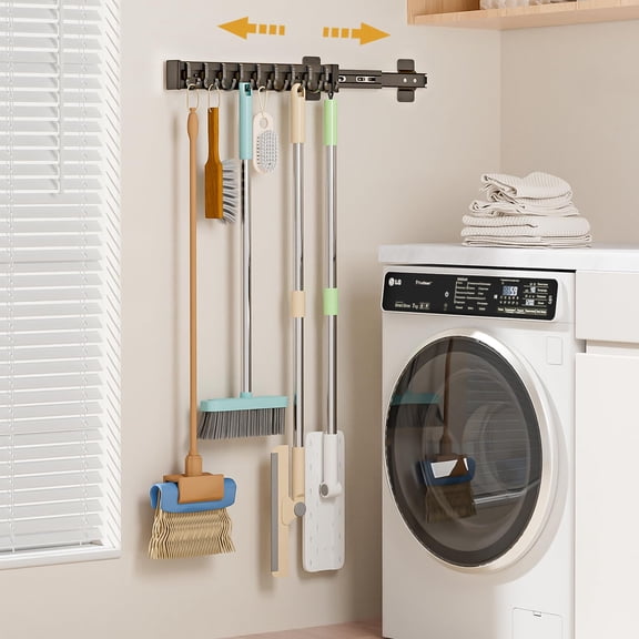 Pull Out Broom Holder With 9 Adjustable Sliding Hook  Multifunctional Slide And Mop Storage/organizer Garage Organization Hooks For Closet Laundry - 16.14inch/41cm