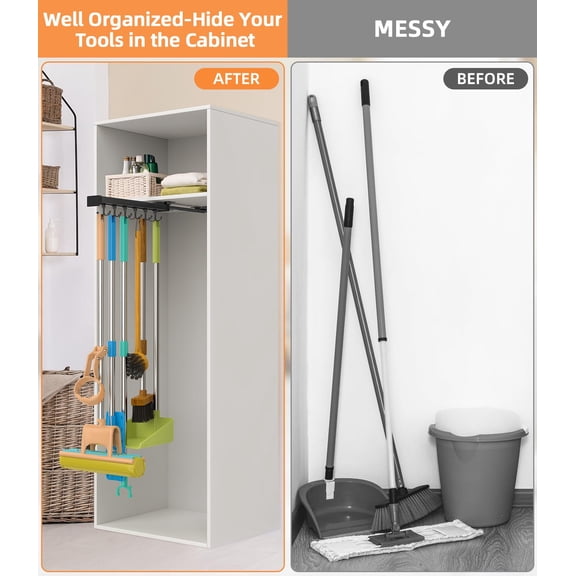 Pull Out Broom Holder With Adjustable Double Row Sliding Hook  Multifunctional Slide And Mop Storage/organizer Garage Organization Hooks For Closet Laundry Cupboard Kitchen