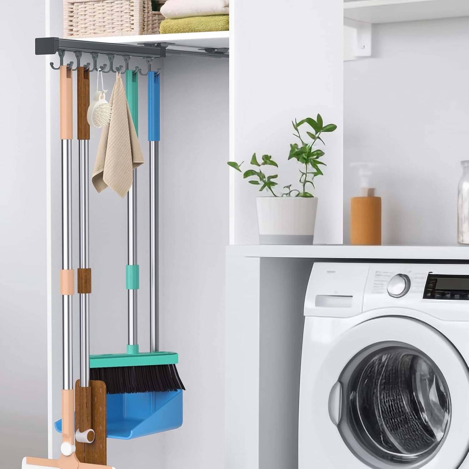 Sloding Broom Rack Pull Out Broom Holder, Multifunctional Slide Broom And Mop Storage ...