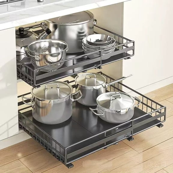 Pull Out Cabinet Organizer, 1 Pack Expandable Pull Out Drawers for Cabinets, Upgrade 3 Slide Rails Adhesive with Film No Drill, Adjustable Width 12.2"-19.29"