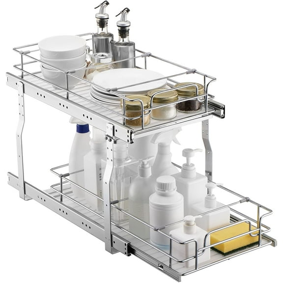 Pull Out Cabinet Organizer, 12"W x 21"D Heavy Duty Slide Out Pantry Shelves, Chrome-Plated Steel Roll Out Drawers, Sliding Drawer Storage for Home, Inside Kitchen Cabinet, Bathroom, Under Sink