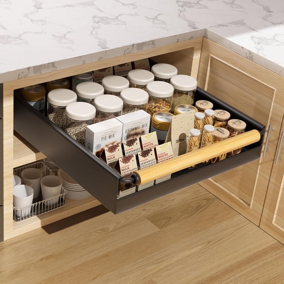 Pull Out Cabinet Organizer, 15.3'' Deep Expandable Slide Out Cabinet Organizer Fixed with Adhesive Nano Film, Slide Out Drawers Pull Out Tray for Cabinet in Kitchen, Pantry, Bathroom, Black