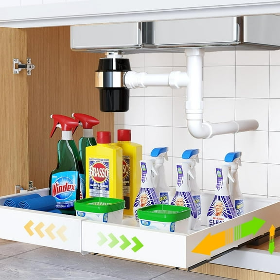 Pull out Cabinet Organizer, 16.9" Deep Expandable Slide out Drawers Organizers,Heavy Duty Storage Fixed with Adhesive Nano Film Compatible Framed Cabinets Shelves for Kitchen Pantry Adjustable Width