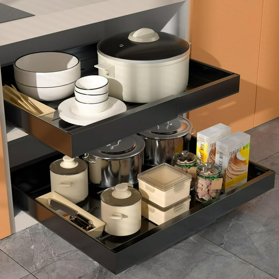 Pull Out Cabinet Organizer 2 PCS, 21" Deep, Expandable(12.4"-20.4") Slide Out Drawers for Kitchen Cabinets Fixed with Adhesive Film for Pots,Pans,Heavy Duty Slide Out Cabinet Organizer and Storage