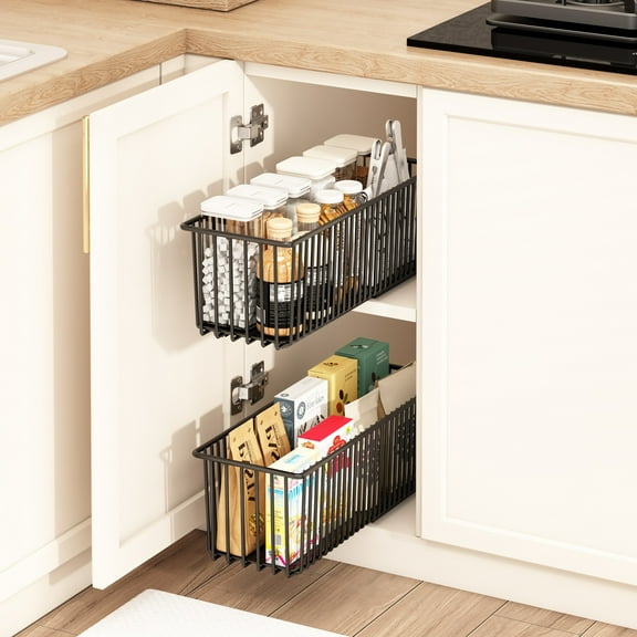 Pull Out Cabinet Organizer,2 Pack Heavy Duty Slide Out Drawers for Kitchen Cabinets, Multifunctional Sliding Pantry Shelves for Bathroom, Living Room, Kitchen
