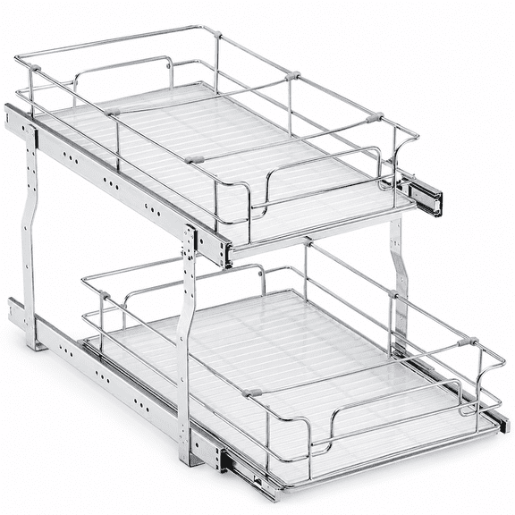 Pull Out Cabinet Organizer, 2 Tier Heavy Duty Slide Out Drawer Shelf, Chrome Steel Roll Out Storage Rack with Adjustable Dividers for Kitchen Cabinet, Pantry, Bathroom and Under Sink