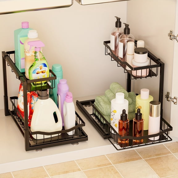 Pull Out Cabinet Organizer, 2 Tier Under Sink Organizer, Slide Out Metal Kitchen Cabinet Organizers Drawer Shelf, Sliding Storage Shelves For Kitchen Bathroom Pantry Cabinet Closet Organization Rack