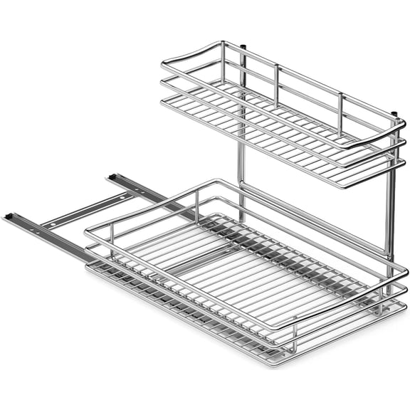 VyGrow Pull Out Cabinet Organizer 2 Tier Under Sink Organizers and Storage, Multi Purpose Sliding Cabinet Basket for Cabinet Countertop Shelf Holder, Sliver