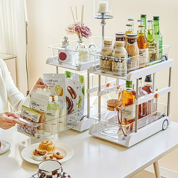 Pull Out Cabinet Organizer, 2-Tier Under Sink Organizers and Storage, Multifunctional Storage Container with Pulleys for Pantry, Kitchen, Bathroom Room