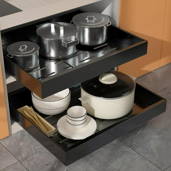 Pull Out Cabinet Organizer,21" Deep, Expandable(12" 4-20.4") Pull Out Drawers for Kitchen Cabinets Fixed with Adhesive Film for Pots,Pans,Heavy Duty Slide Out Cabinet Organizer and Storage