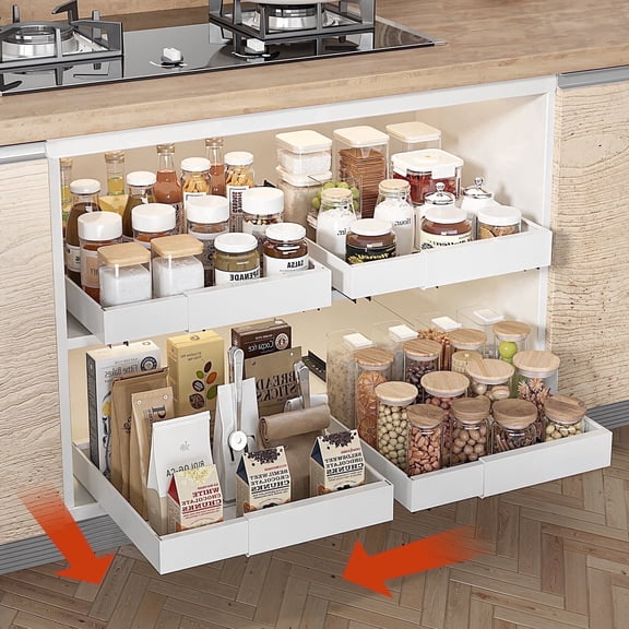 Acztne Pull Out Cabinet Organizer Expandable (13''-19''), 21" Deep Heavy Duty Slide Out Drawers for Kitchen, Pantry, Bathroom, Under Sink Storage, Pull Out Drawers Upgraded 3 Slide Rails (White)