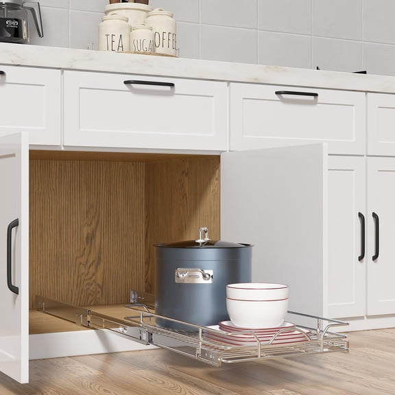 Pull Out Cabinet Organizer (21" W x 21" D), Pull out Shelves 1 Tier, Cabinet Slide Out Shelves for Base Cabinet Organization in Kitchen Bathroom Pantry, Bottom Mount, Chrome Finish