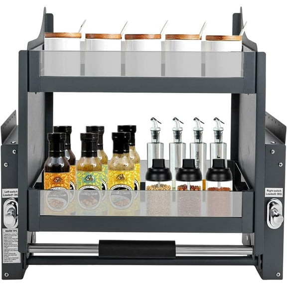 Pull Down Cabinet Organizer, 24 Inch Pull Down Shelf, 2-Tier Heavy-Duty Pull Down Spice Rack, Pull Down Shelf Upper Kitchen Wall Cabinet Storage Organizer for Kitchen Appliance