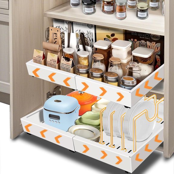 Pull out Cabinet Organizer,2pack Expandable(11.7"-19.7") cabinet organizer pull out drawer with 4pcs Divider Racks,Peel And Stick Slide Out Drawers for Kitchen Cabinets,Pantry,Pots,Bathroom, White