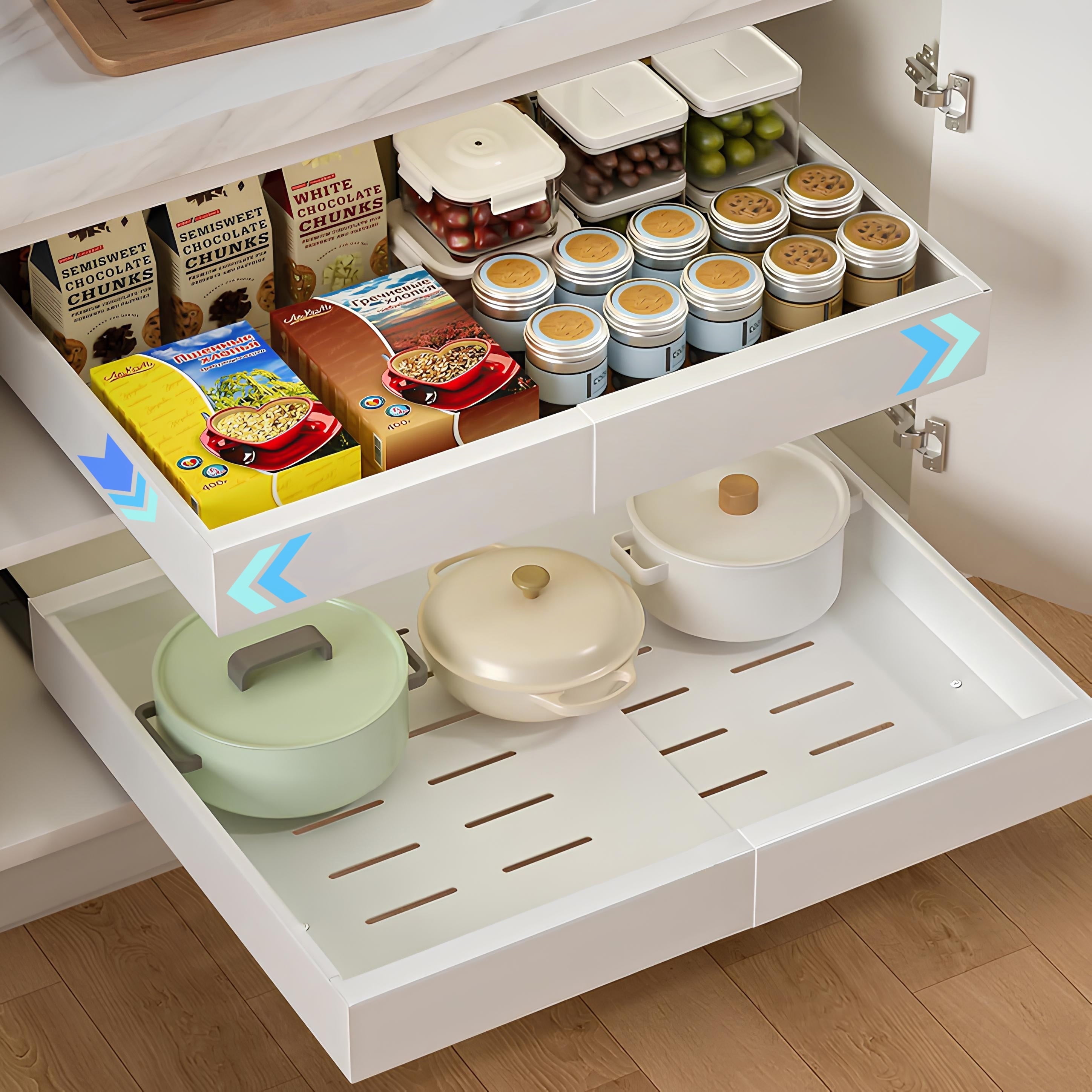 1 Pack Pull out Cabinet Organizer 16.5" Deep, Adjustable Width 12.2"-20.1" Expandable Slide out Drawers Storage Rack, Pull-out Shelf Storage for Kitchen Pantry Bathroom Organization (White)