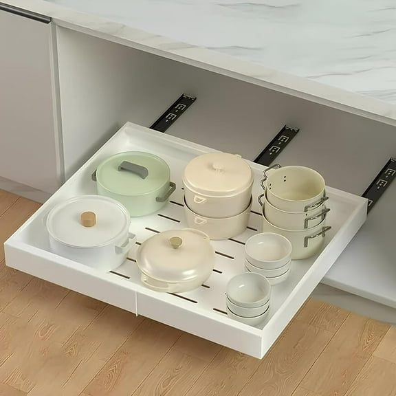 1 Pack Pull out Cabinet Organizer 16.5" Deep, Adjustable Width 12.2"-20.1" Expandable Slide out Drawers Storage Rack, Pull-out Shelf Storage for Kitchen Pantry Bathroom Organization (White)