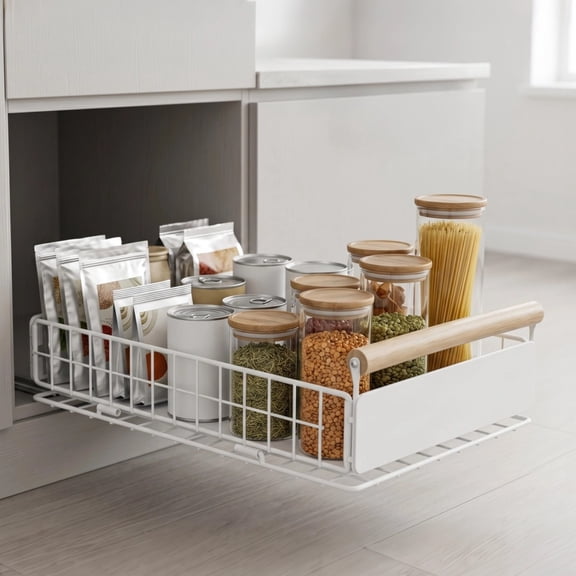Pull Out Cabinet Organizer, Carbon Steel Slide Out Drawer with Adhesive Rail, Foldable Kitchen Storage Basket 23.5 x 11 x 39.5-56.6cm, No Drill Cupboard Organizer with Wooden Handle