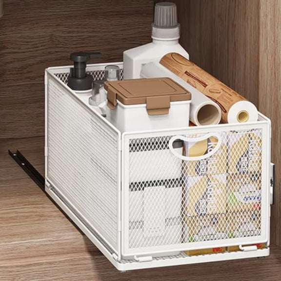 Pull Out Cabinet Organizer No Drill Adhesive Sliding Drawers for Kitchen Metal Mesh Wire Storage Shelf for Pantry and Under Sink White 9.6" W x 15.7" D x 8.4" H