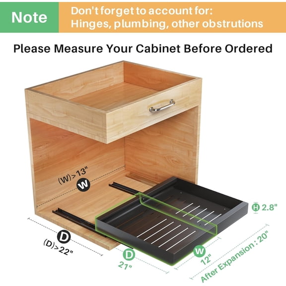 Pull out Cabinet Organizer, Expandable(12"-20") Heavy Duty Slide out Drawer Fixed with Adhesive Nano Film for Pots, Roll out Shelf Storage for Kitchen Base Cabinet Organization, Pantry, Bathroom