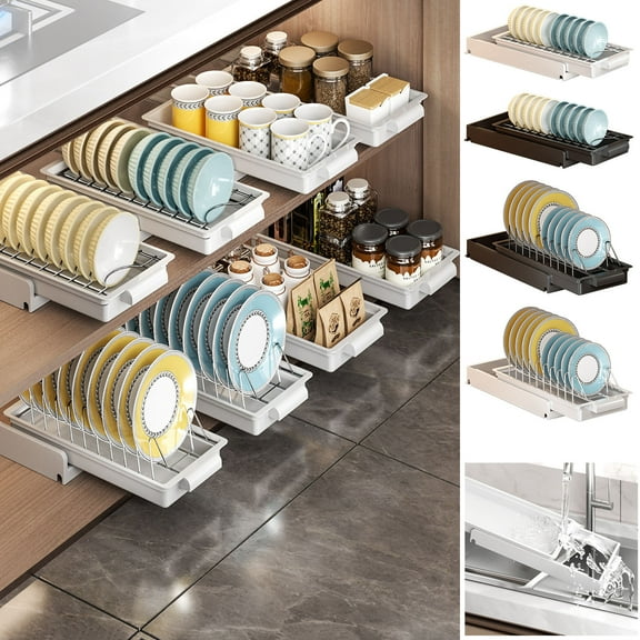 Pull Out Cabinet Organizer - Expandable (12.4"-20.5") Slide Out Drawer - Roll Out Storage Shelf with Adhesive Film for Kitchen Base Cabinet Organization Pantry Bathroom Home