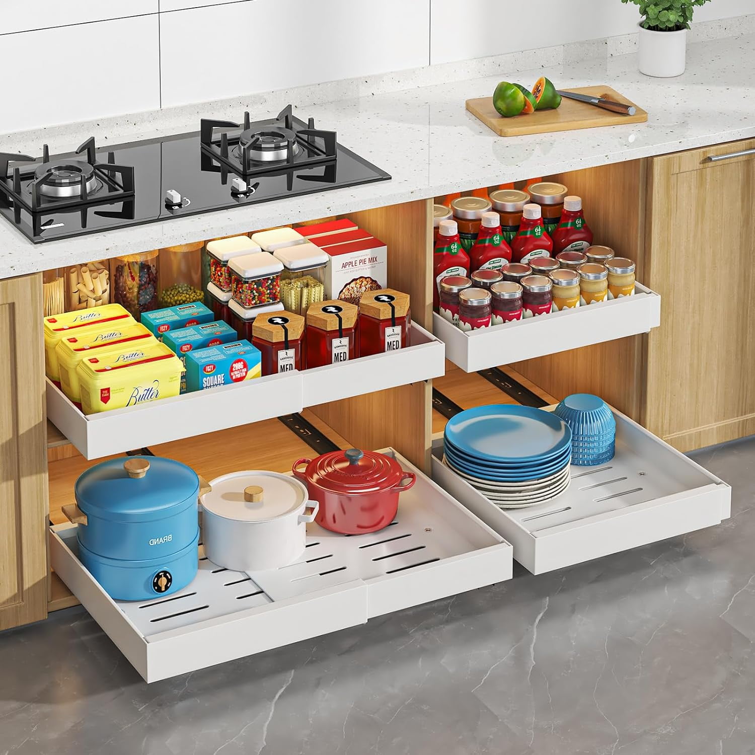 Pull-Out Cabinet Organizer Shelf - Adjustable Width (12.2-20.5"), 21" Deep, No-Drill Adhesive Mount