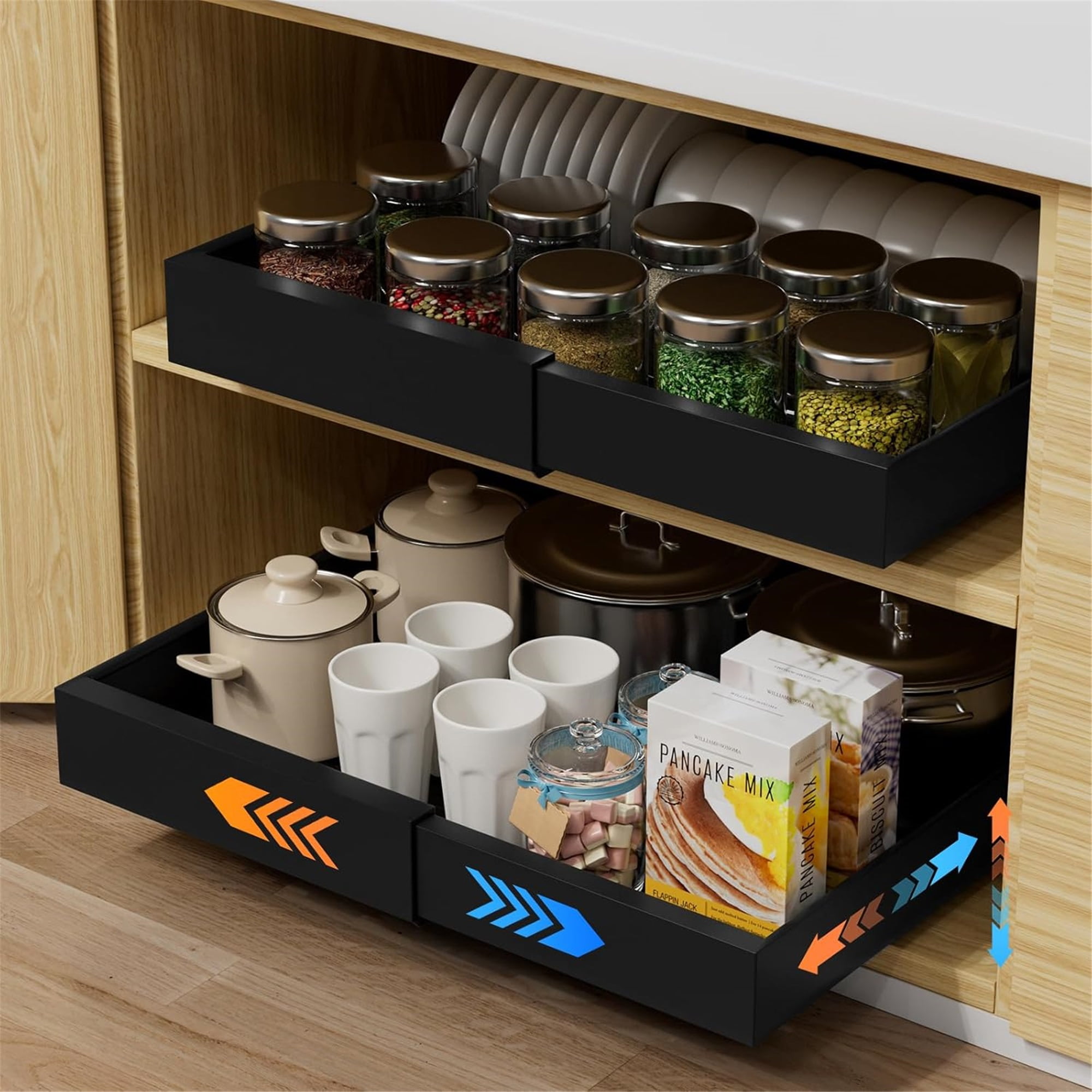 Pull out Cabinet Organizer, Expandable(12.6"-20.5") Pull Out Drawers for Cabinets with Adhesive Nano Film for Pots, Roll out Shelf Storage for Kitchen Base Cabinet Organization,Black