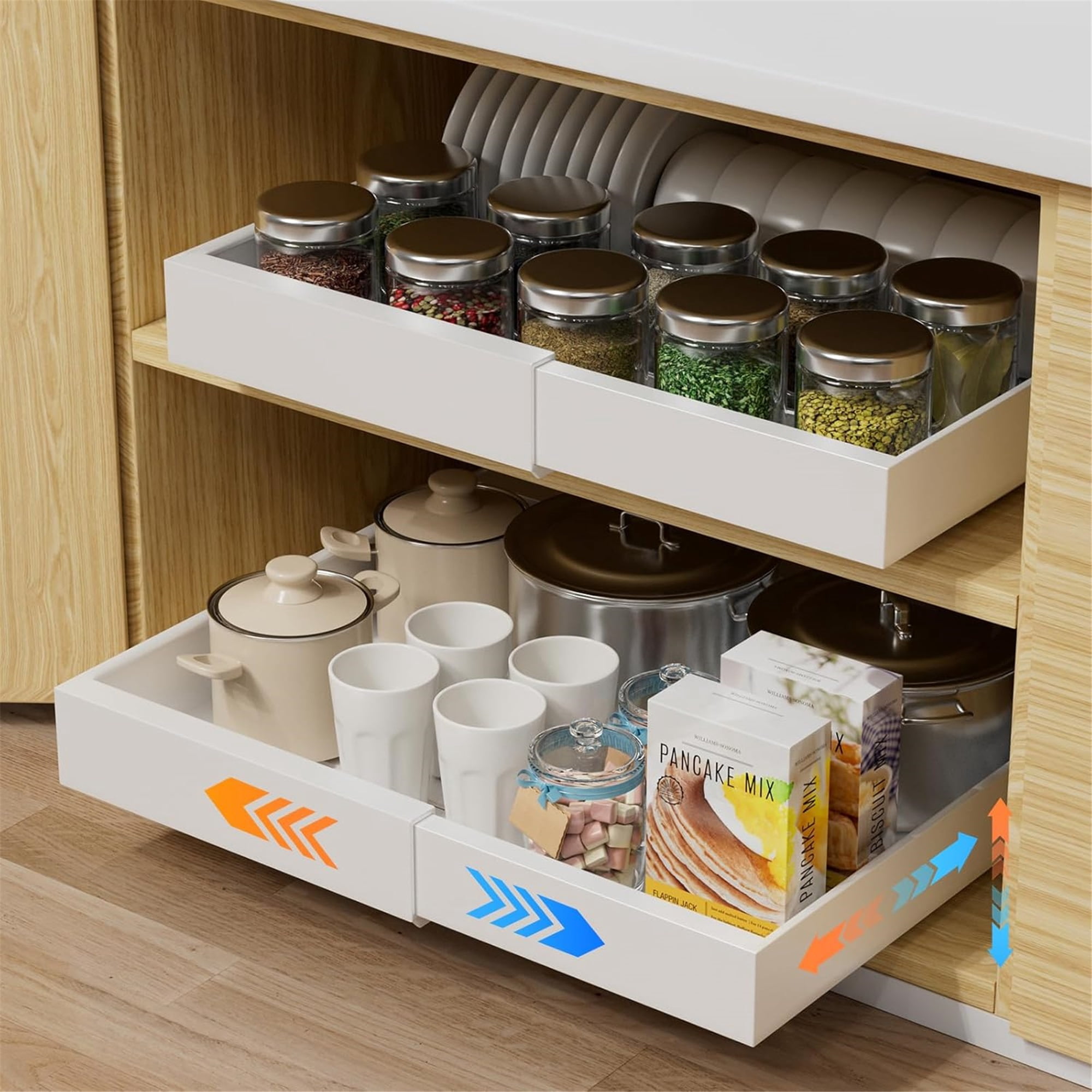 Pull out Cabinet Organizer, Expandable(12.6"-20.5") Pull Out Drawers for Cabinets with Adhesive Nano Film for Pots, Roll out Shelf Storage for Kitchen Base Cabinet Organization,White