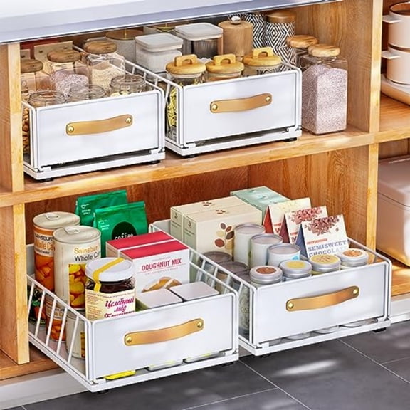 Pull out Cabinet Organizer Fixed with Adhesive Nano FilmHeavy Duty Slide out Pantry Shelves Drawer Storage Sliding Mesh Cabinet Basket with Handle for Kitchen Bathroom Home 11.8W"X 15.7D"X6.2"H
