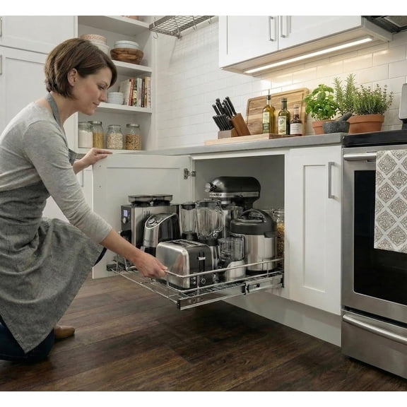Pull Out Cabinet Organizer, Heavy Duty Caddy w/ Limited Warranty -22”W x 21”D - Requires At Least 23-1/4” Cabinet Opening, Steel Metal Cabinet Drawers Slide Out, Chrome