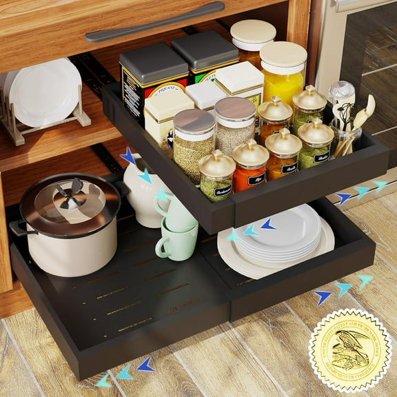 Pull Out Cabinet Organizer, Kitchen Organizers and Storage Expandable Width 12.5" - 19.7", Heavy Duty & 3 Trails, No-Nail Sticker or Drilled Bathroom Kitchen Organization and Storage 1 Pack