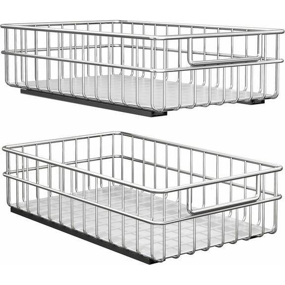 Pull out Cabinet Organizer, Stainless Steel 2-Pack Slide out Drawer with Silent Full-Extension Slides, Adhesive Roll out Can Spice Storage Basket Shelf Rack for Pantry, Kitchen, Bathroom, Home Closet