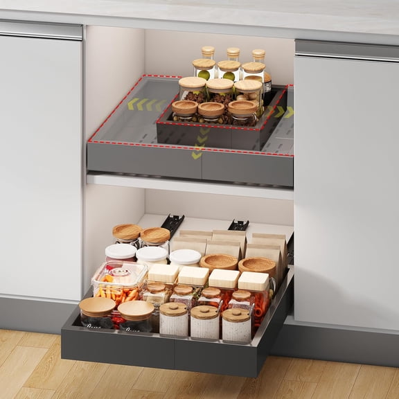 Pull out Cabinet Organizer,Width (11"-16") and Depth (17"-24") Expandable With 3 Rails,No Drill Adjustable Slide out Drawers for Kitchen,Pantry,Adhesive Roll out Shelves,,Black