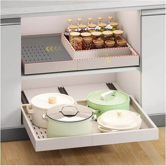 Pull out Cabinet Organizer,Width (16"-21") and Depth (13"-17") Expandable With 3 Rails,No Drill Adjustable Slide out Drawers for Kitchen,Pantry,Adhesive Roll out Shelves,for Cabinets Without Lip