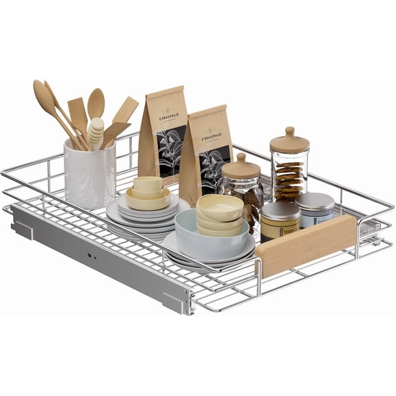 Pull Out Cabinet Organizer with Wooden Handle, 16½" W x 21½" Kitchen Cabinet Pullout Shelf, Heavy Duty Slide Out Pantry Drawer Storage For Kitchen, Bathroom