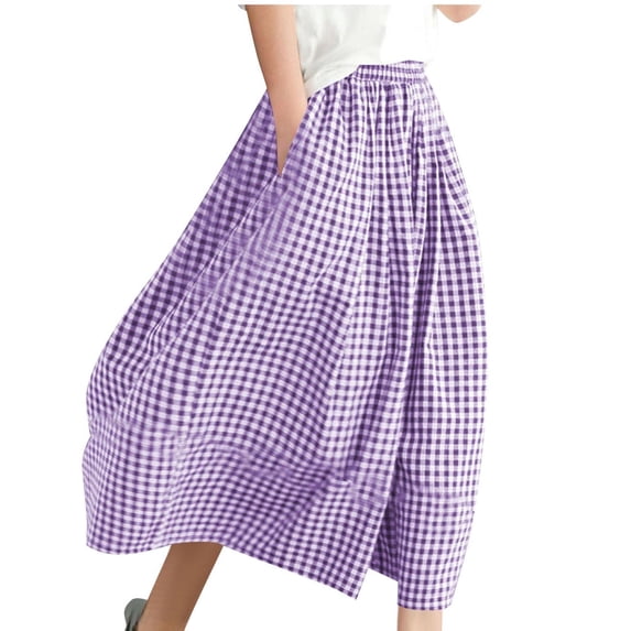 Pull on Capris for Women New Womens Wide Leg Capris, Elastic Waist Plaid Culottes Pants Summer Cute Comfortable Cropped Trousers with Pockets Purple S