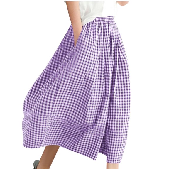 Pull on Capris for Women New Womens Wide Leg Capris, Elastic Waist Plaid Culottes Pants Summer Cute Comfortable Cropped Trousers with Pockets Purple S