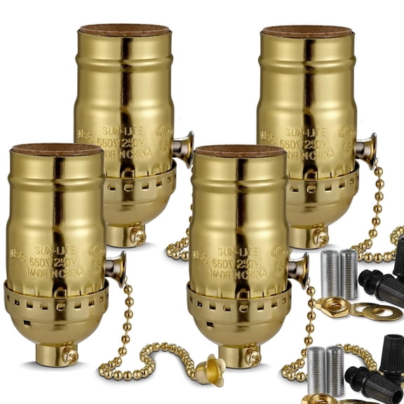 Pull Chain Light Socket Replacement, E26 Standard Screw Lamp Socket, Bulb Socket with Pull Chain Lamp Switch for Table and Floor Lamp, UL Listed (4, Gold)