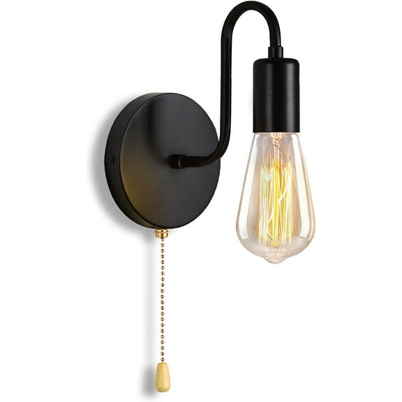 Pull Chain Wall Light Fixture 1-Light Wall Sconce with On Off Switch Hardwired Black Wall Sconces Indoor Vintage Industrial E26 Wall Lighting for Bedroom Hallway Bathroom, Bulb not Included