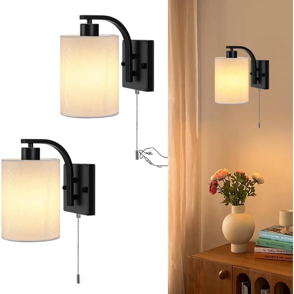 Pull Chain Wall Sconces Set of 2, Hardwire Wall Light Fixture with ON/Off Switch, White Fabric Lighting for Bedroom Living Room, Black (Bulbs Not Included)