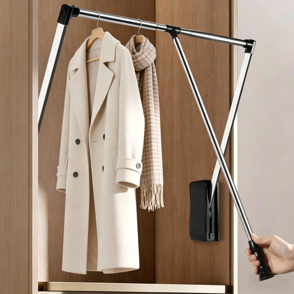 Pull Down Closet Rod 33-45 Inch, 44 lbs Capacity for Hanging Clothes, Polished Metal Wardrobe Lift Rail Organizer with Two-way Buffering, Side-Mounted for Cabinets/Wardrobes