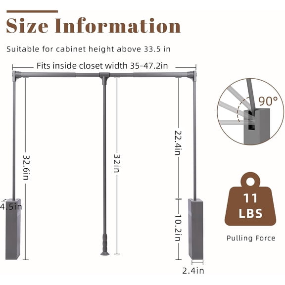 Pull Down Closet Rod Adjustable 35-47 Inch Aluminium Soft-Close Wardrobe Lift Rail Organizer for Hanging Clothes Two-way Buffering Side & Back Mounted 45 LBS Load Capacity