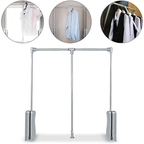 Pull Down Closet Rod, Adjustable 35-47 Inch Aluminium Soft-Close Wardrobe Lift Rail Organizer for Hanging Clothes, Two-way Buffering Side & Back Mounted Closet Rod 45 LBS Load Capacity