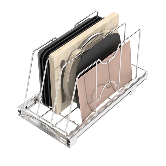 Pull Out Cookie Sheet Organizer For Cabinet  Pan And Pot Board Bakeware Tray Rack Sliding Rack- Heavy Duty Adjustable Divider Width 10" W X 22" D 11" H Chrome
