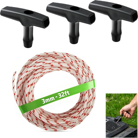Pull Cord Rope,Tutuviw 32.8ft Pull Start Cord Recoil Starter Rope with 3 Pcs Starter Handle,Universal Pull Cord Replacement Lawn Mower Pull Cords for Chainsaw Trimmer Engine-3mm D
