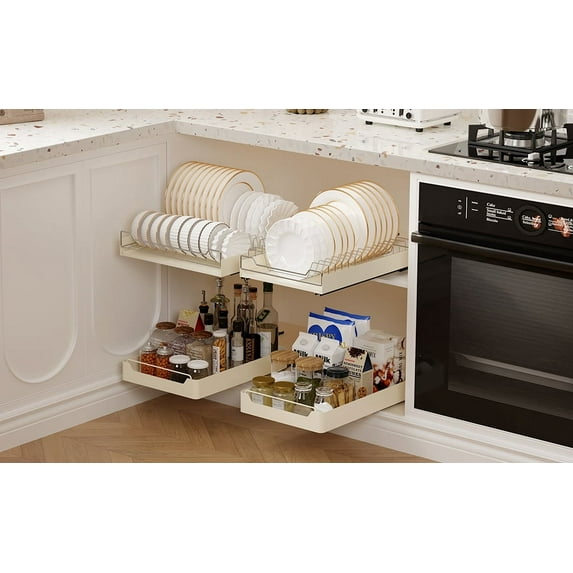 Pull Out Dish Drying Rack, Stainless Steel Roll-Out Shelves with Adhesive Plate & Bowl Organizer, Sliding Drawers for Kitchen Pantry and Under Sink Storage, No Drilling Required