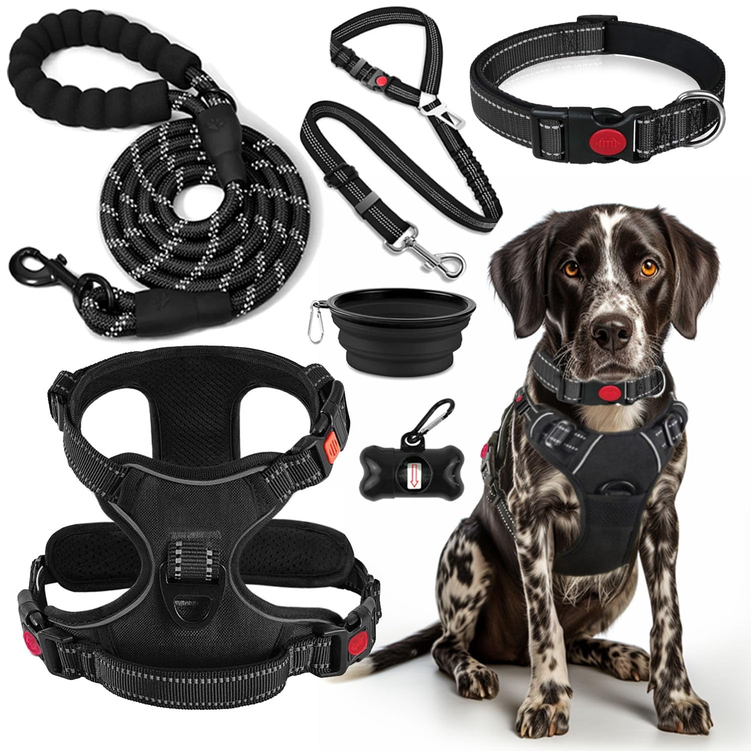 No Pull Dog Harness  Collar & Leash Set | Includes Seat Belt Collapsible Poop Bag Dispenser. Ideal For Walking Hiking. Fits Small To Large Dogs(black-l)