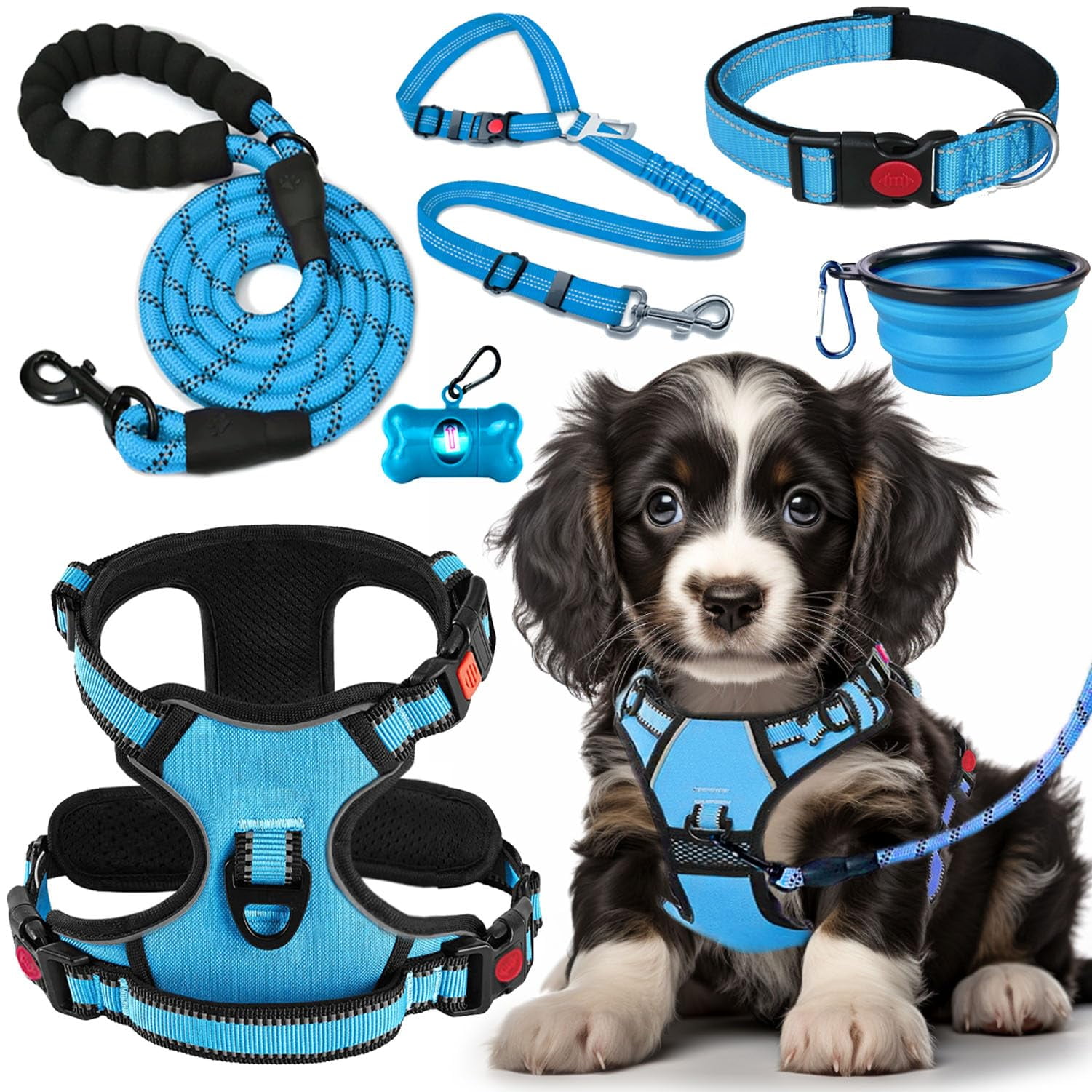 No Pull Dog Harness  Collar & Leash Set With Retractable Seat Belt Collapsible And Poop Bag Dispenser - Ideal For Walking Hiking Fits Small To Large Dogs(blue-m)