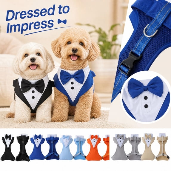 No Pull Dog Harness Featuring Vest-Style Suit Design with Adjustable Fit, Dog Wedding Outfit for Formal Portraits & Daily Walks, Black Tuxedo Dog with Bow Tie 1*Harness