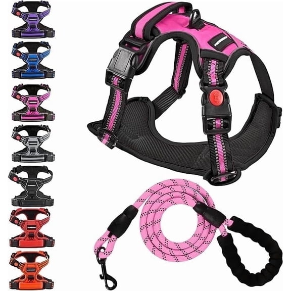 No Pull Dog Harness with A Free Heavy Duty 5ft Dog Leash, Adjustable Soft Padded Dog Vest, Reflective No-Choke Pet Oxford Vest with Easy Control Handle and Dog Leash for Dogs (Pink, Medium)