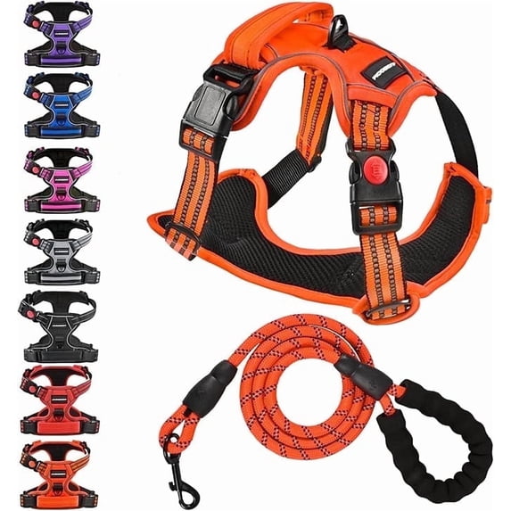 No Pull Dog Harness with A Free Heavy Duty 5ft Dog Leash, Adjustable Soft Padded Dog Vest, Reflective No-Choke Pet Oxford Vest with Easy Control Handle for Dogs(Orange, Medium)